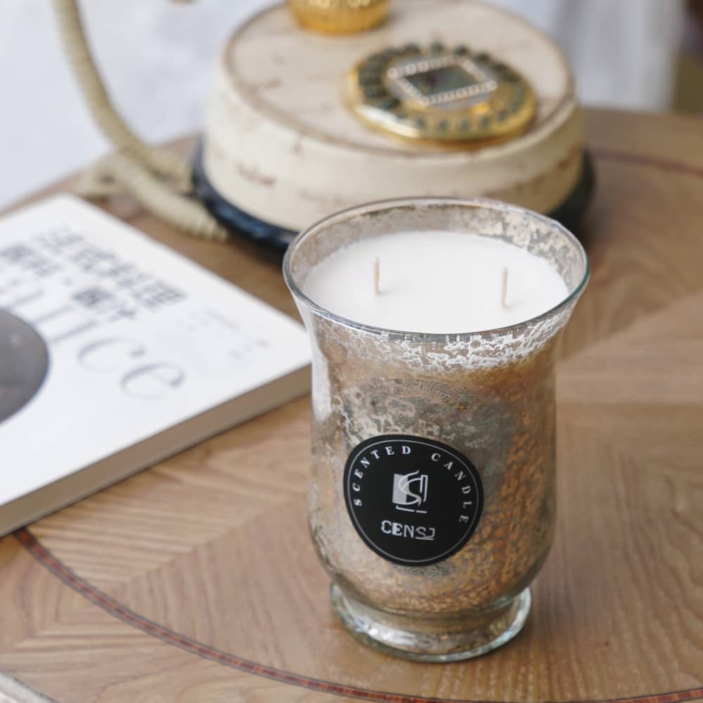 Water Transfer Printing Large Capacity Glass Hurricane Lamp Shape Candle Jar with 22oz Soy Wax