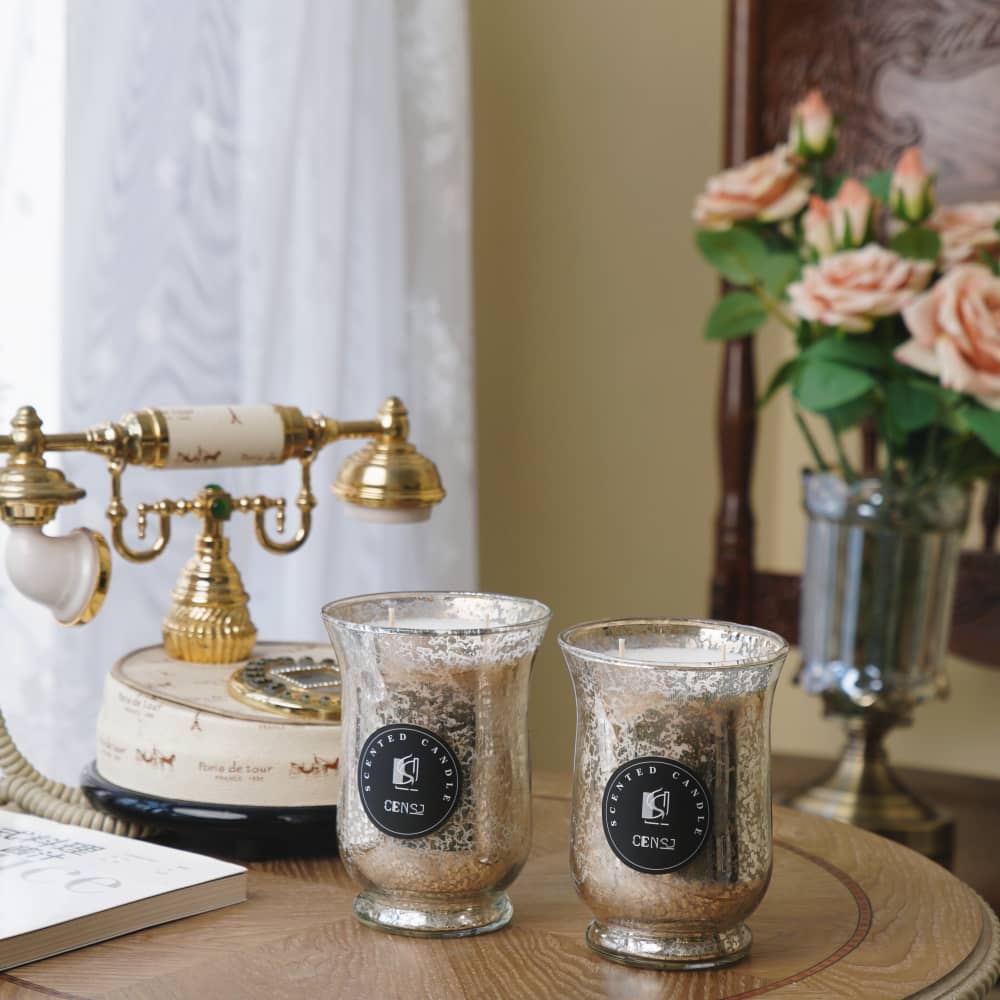 Water Transfer Printing Large Capacity Glass Hurricane Lamp Shape Candle Jar with 22oz Soy Wax