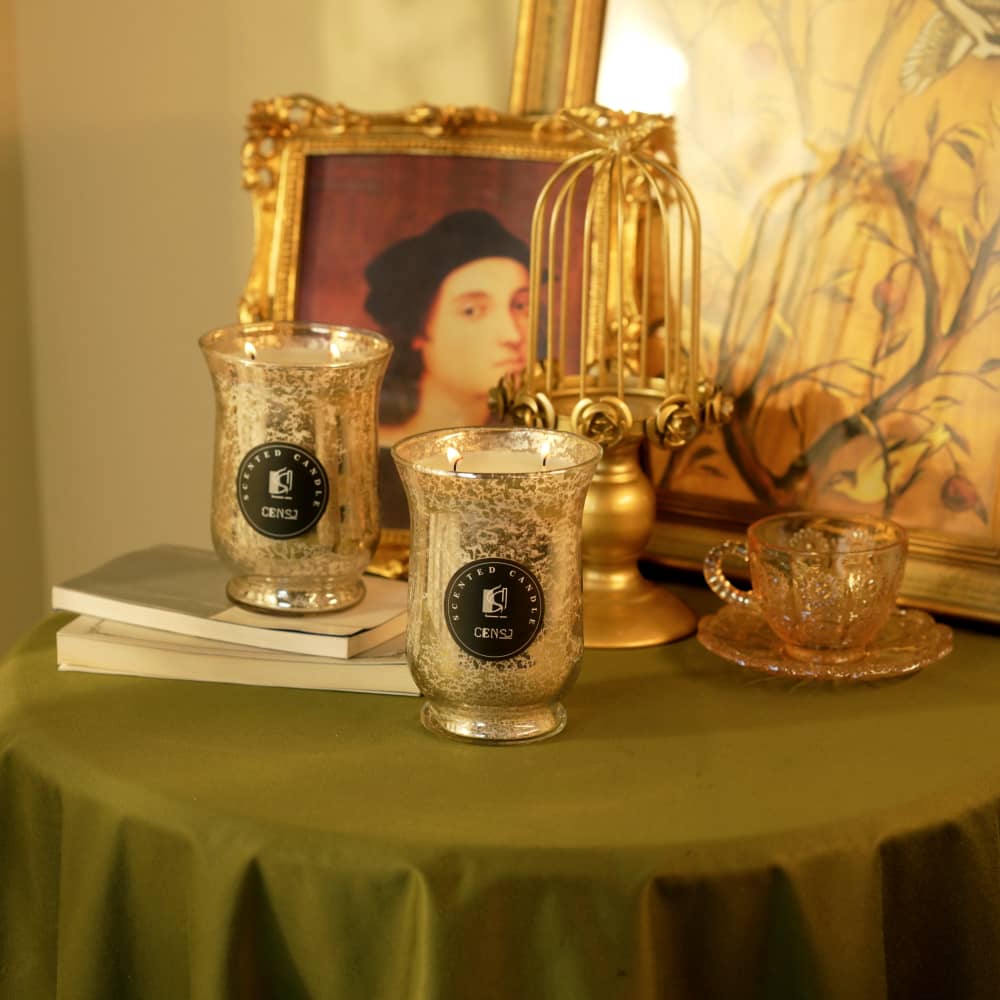 Water Transfer Printing Large Capacity Glass Hurricane Lamp Shape Candle Jar with 22oz Soy Wax