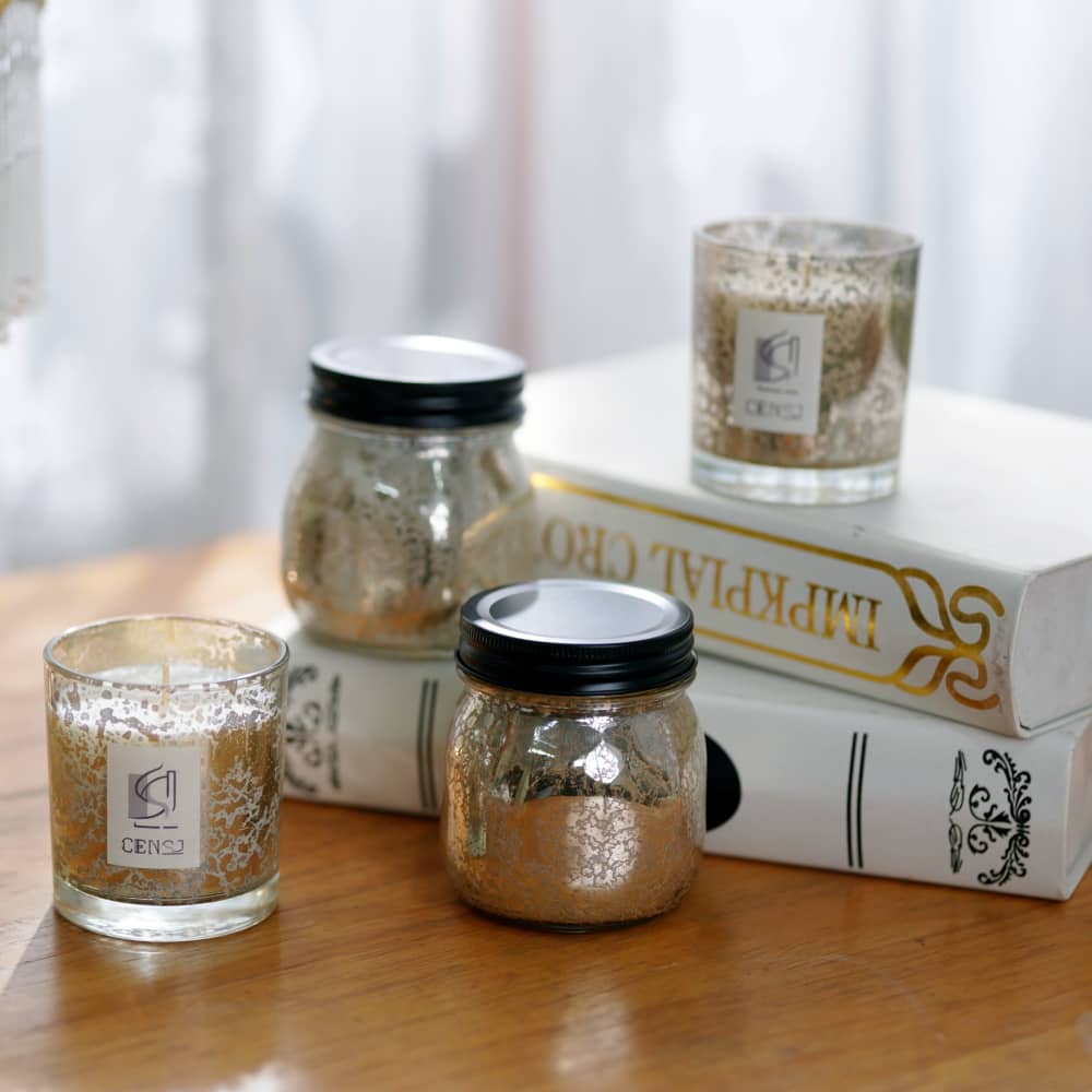 Water Transfer Printing Process Silver Two Shapes Glass Jar Scented Candle